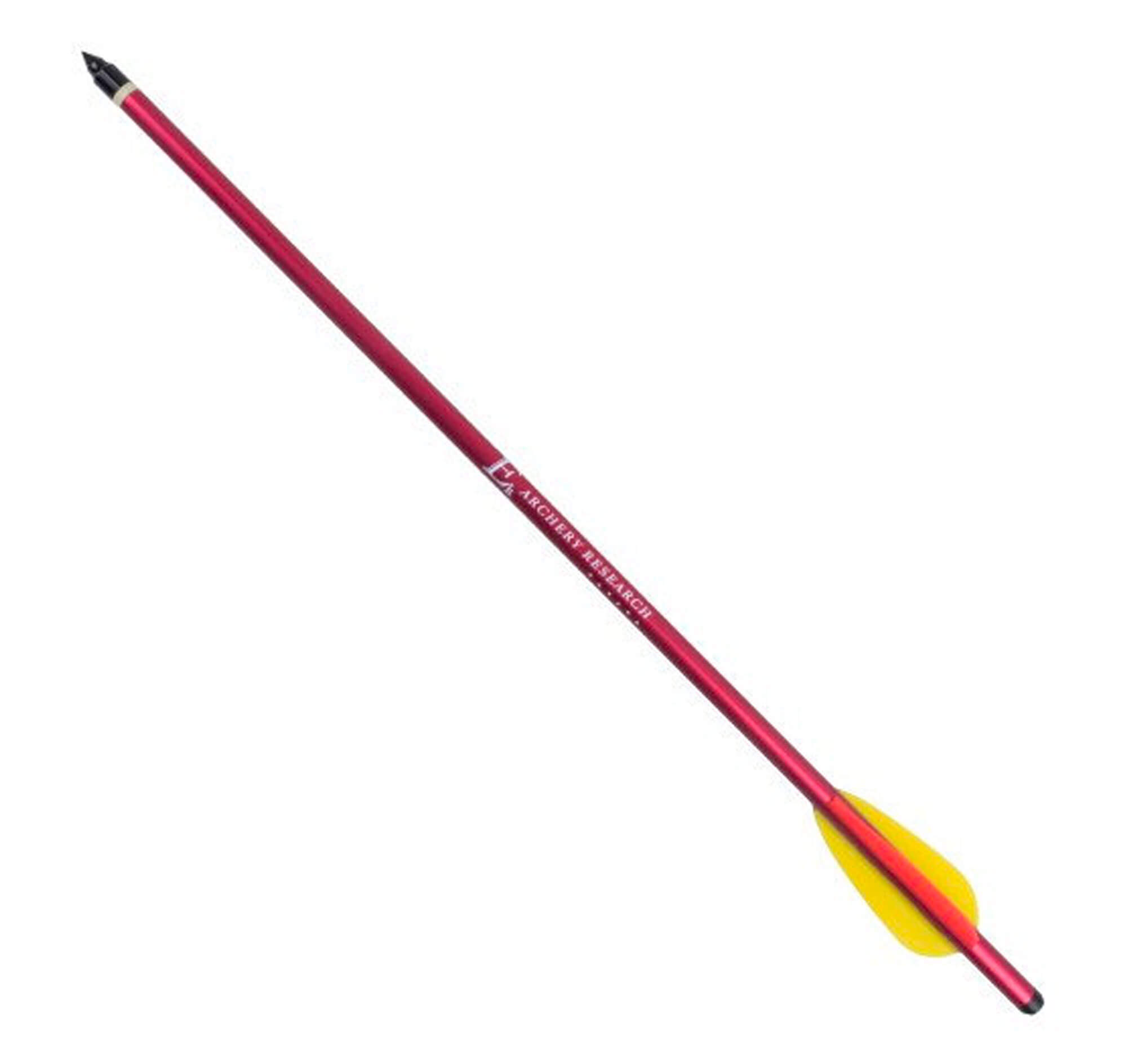 Trait rouge vu en diagonale, pointe noire en haut et empennage jaune en bas