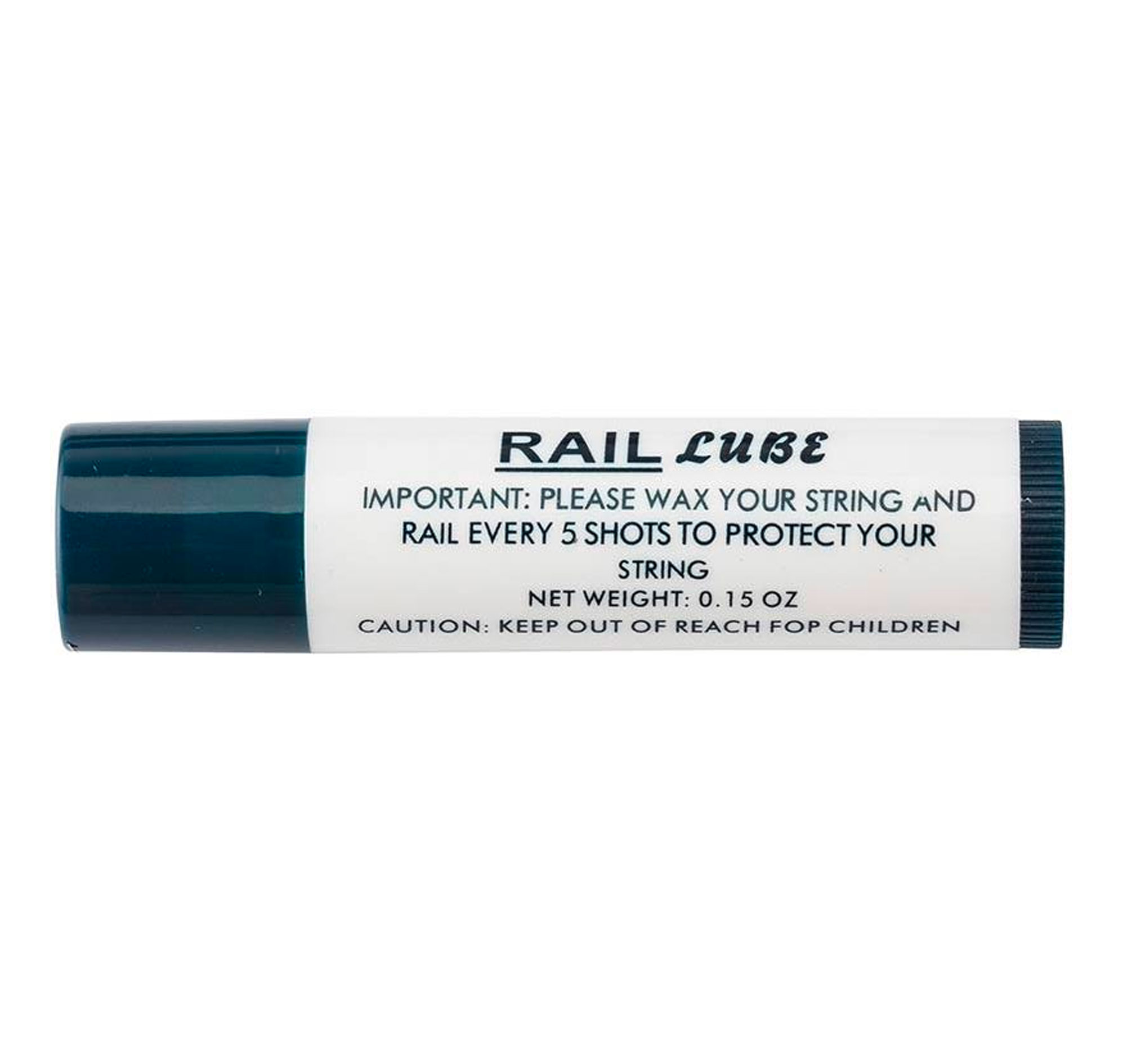 Tube de cire Rail Lube à capuchon sombre et étiquette blanche, poids net 0,15 oz