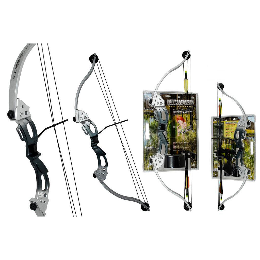 Arc Kirupira bleu noir en détail, de profil et sous blister Kirupira Deluxe Compound Bow avec deux flèches