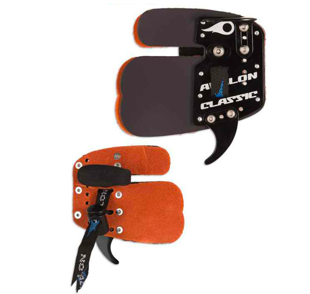 Palette de tir à l’arc Avalon Classic à platine noire, vue de face et de dos avec cuir orangé et sangle