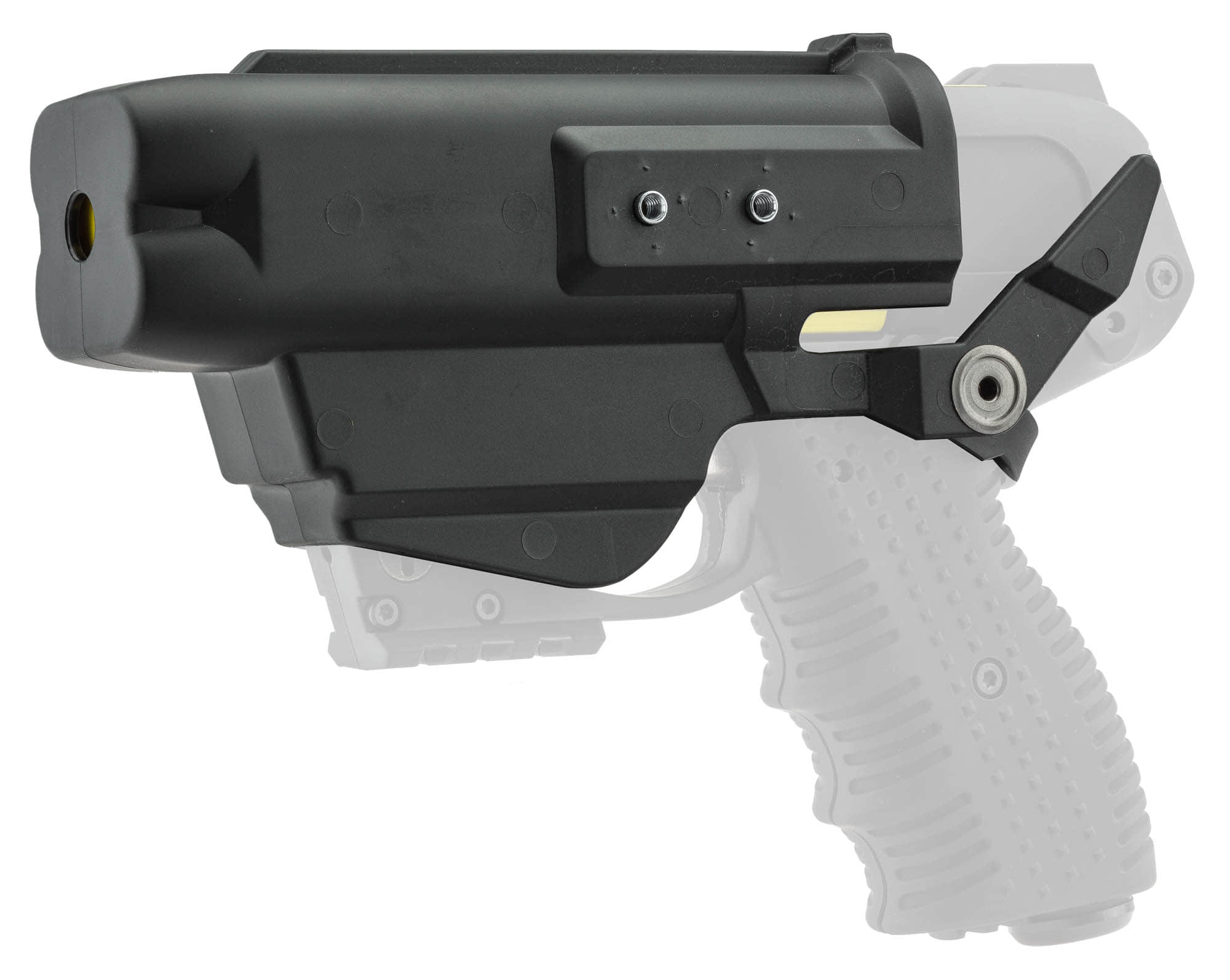 Holster rigide noir en Kydex avec un pistolet JPX4 Compact en transparence, patte de verrouillage au pontet
