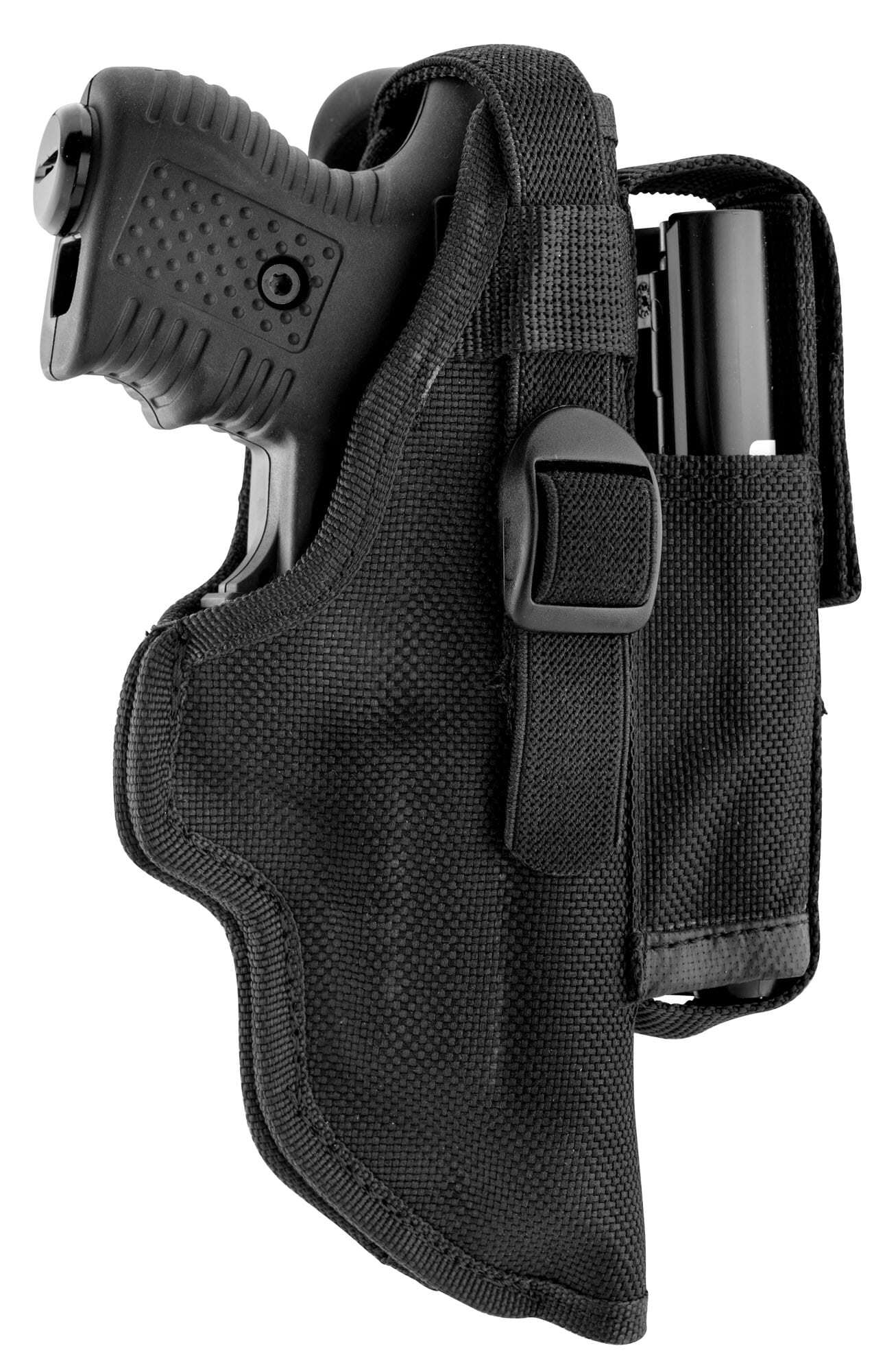 Holster en toile noire garni d’un pistolet JPX, chargeur de rechange dans l’étui latéral