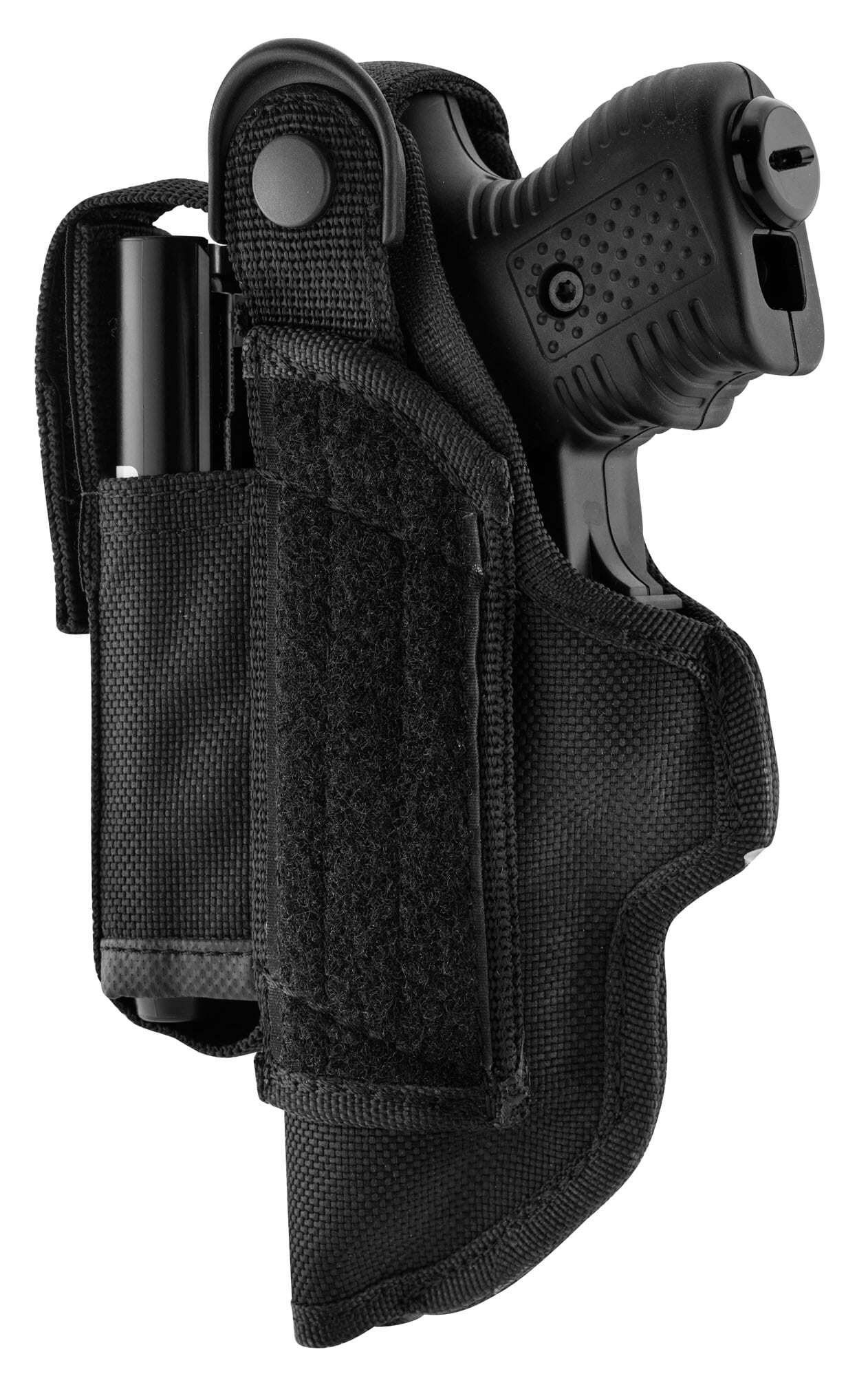 Dos du holster avec pistolet JPX, large bande auto-agrippante et sangle de maintien à bouton-pression