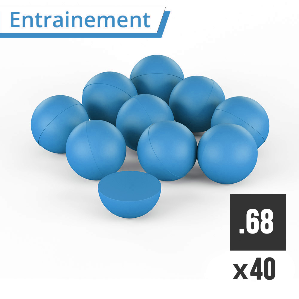 Neuf billes d’entraînement bleues de calibre .68 et une bille coupée en deux, mention x40