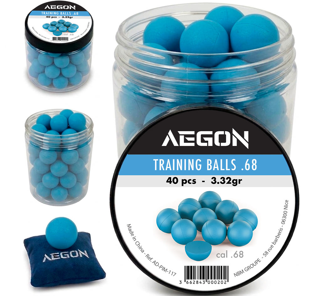 Pot Aegon fermé puis ouvert, bille bleue sur un coussin Aegon et étiquette Training balls .68