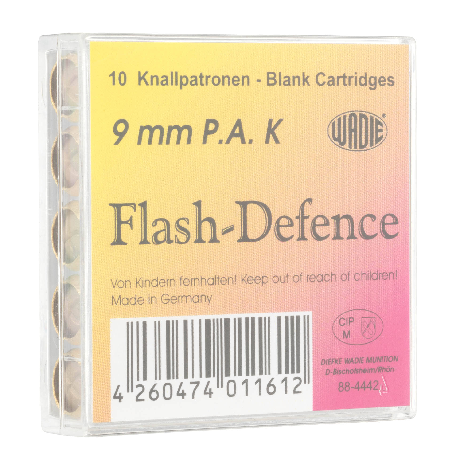 Boîtier Wadie Flash-Defence de 10 cartouches à blanc 9 mm P.A.K, étiquette jaune et rose