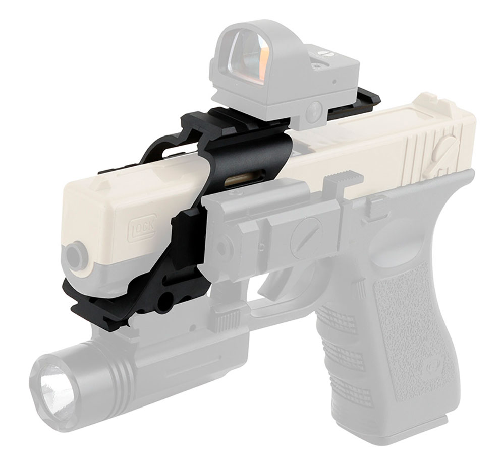 Support tri-rail monté sur un pistolet de type Glock, viseur point rouge au-dessus et lampe en dessous