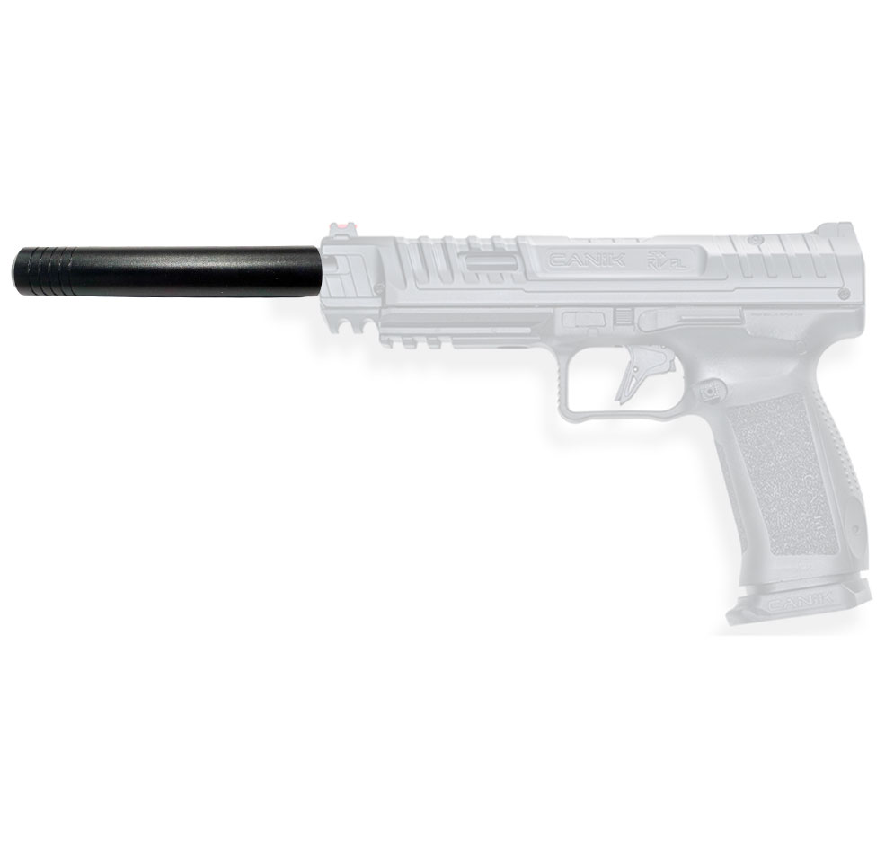 Extension de canon noire montée sur un pistolet Canik SFX Rival représenté en gris clair