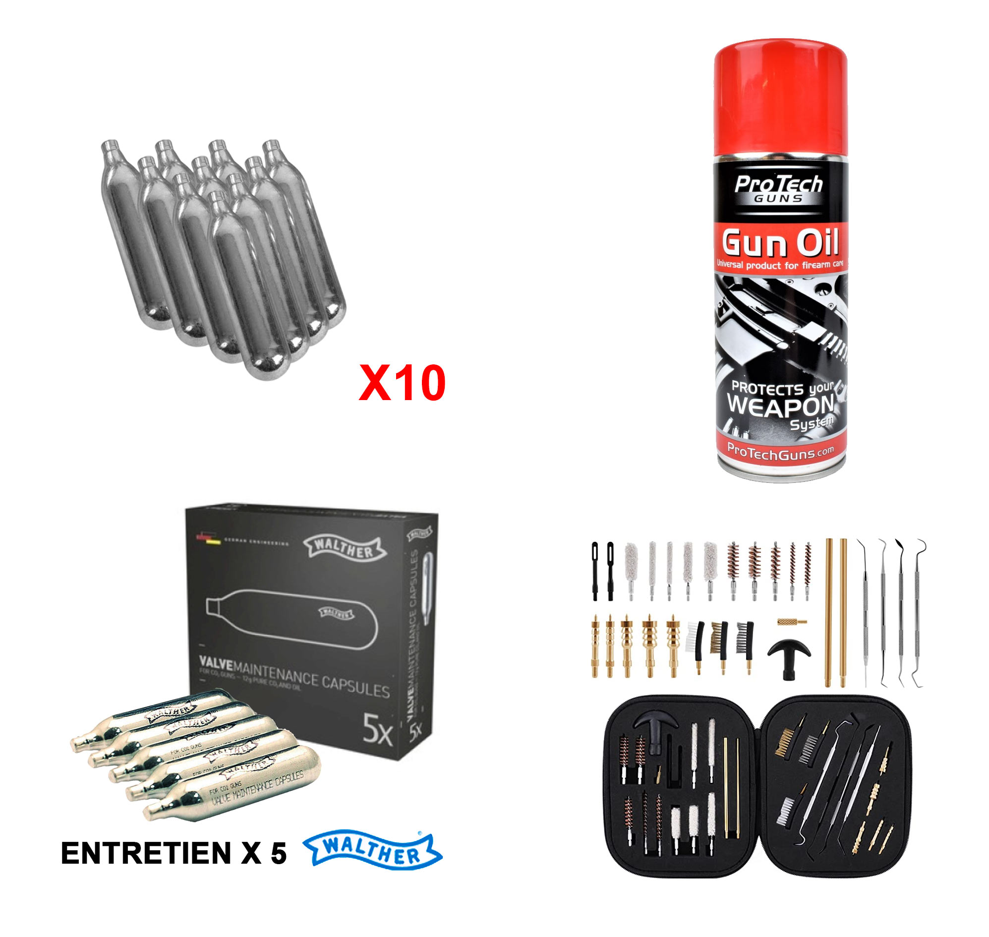 Contenu du pack : dix capsules de CO2, aérosol d’huile, boîte de cinq capsules d’entretien et trousse