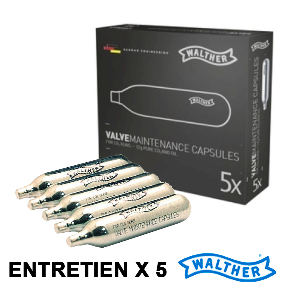 Boîte Walther Valve maintenance capsules et cinq capsules d’entretien posées devant
