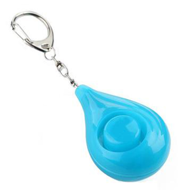 Alarme porte-clés bleue en forme de goutte, reliée par une chaînette à un mousqueton métallique