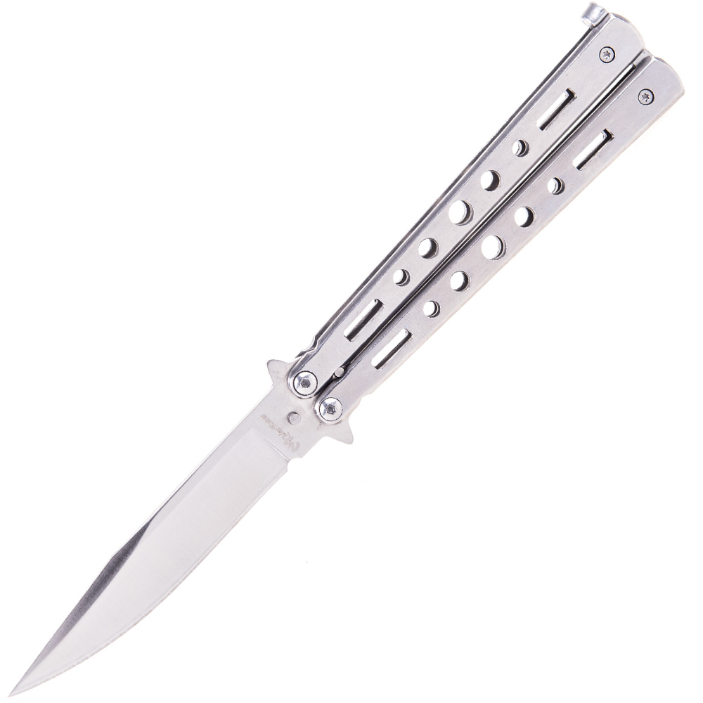 Couteau papillon gris vu de trois quarts, lame polie vers le bas et vis de pivot apparentes