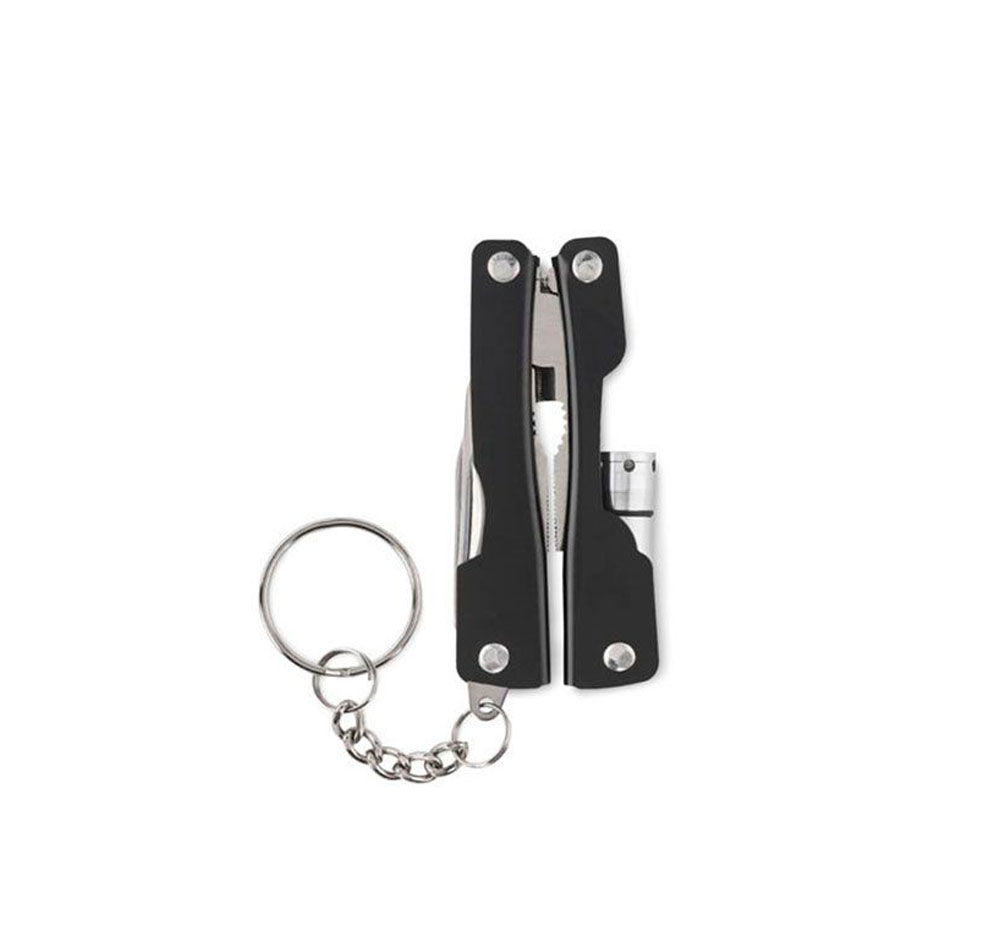 Petite pince multifonctions noire repliée avec sa lampe LED et sa chaînette à anneau