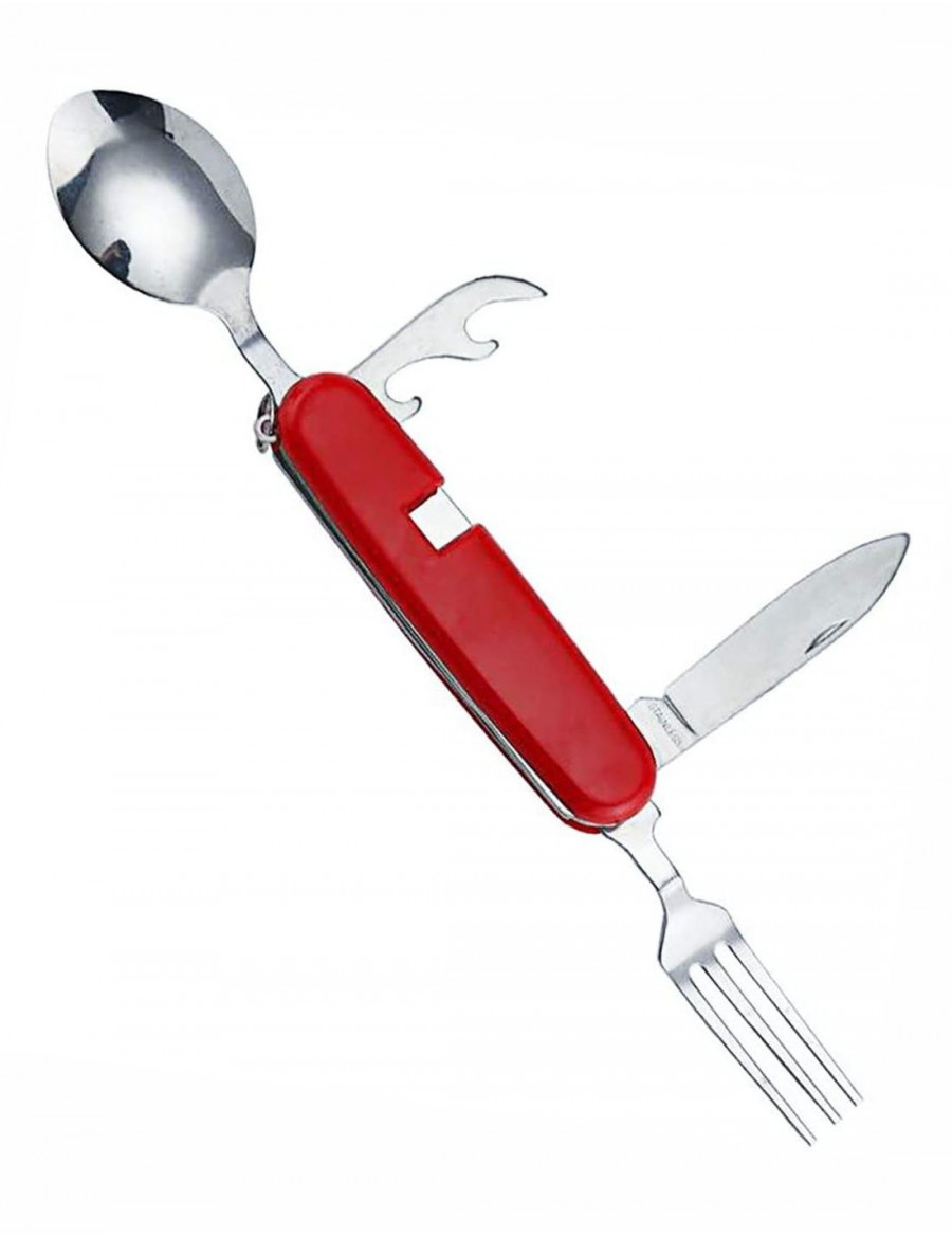 Couteau de camping multifonctions à manche rouge, cuillère, fourchette, lame et décapsuleur ouverts