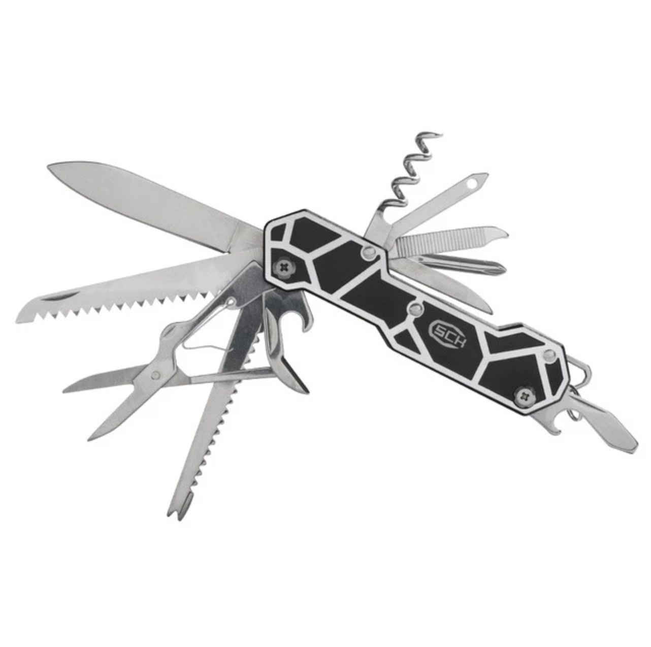 Couteau multifonctions SCK ouvert, lame, scie, ciseaux, tire-bouchon et tournevis déployés