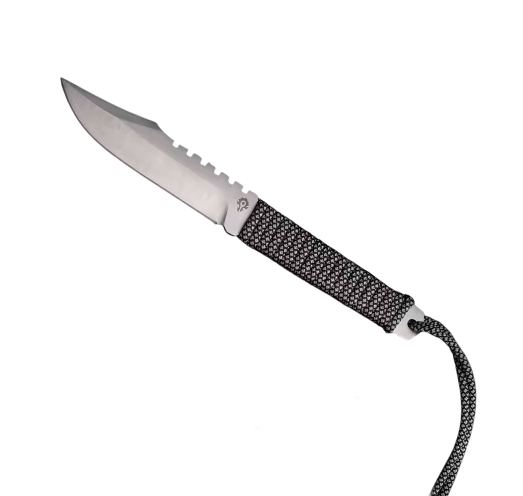 Couteau à lame fixe à dos cranté, poignée gainée de paracorde noir et blanc avec dragonne