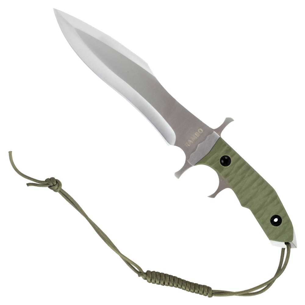 Couteau Rambo V à lame polie gravée Rambo, manche vert olive et dragonne en cordelette