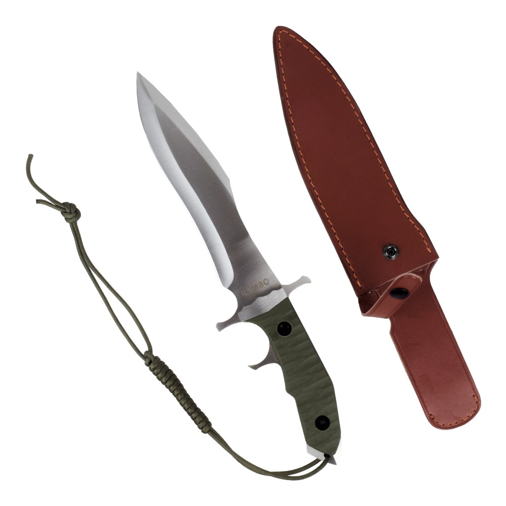 Couteau Rambo V posé à côté de son étui en cuir brun à bouton-pression
