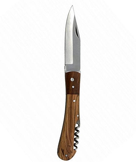 Couteau pliant ouvert, lame vers le haut, manche en bois veiné et tire-bouchon