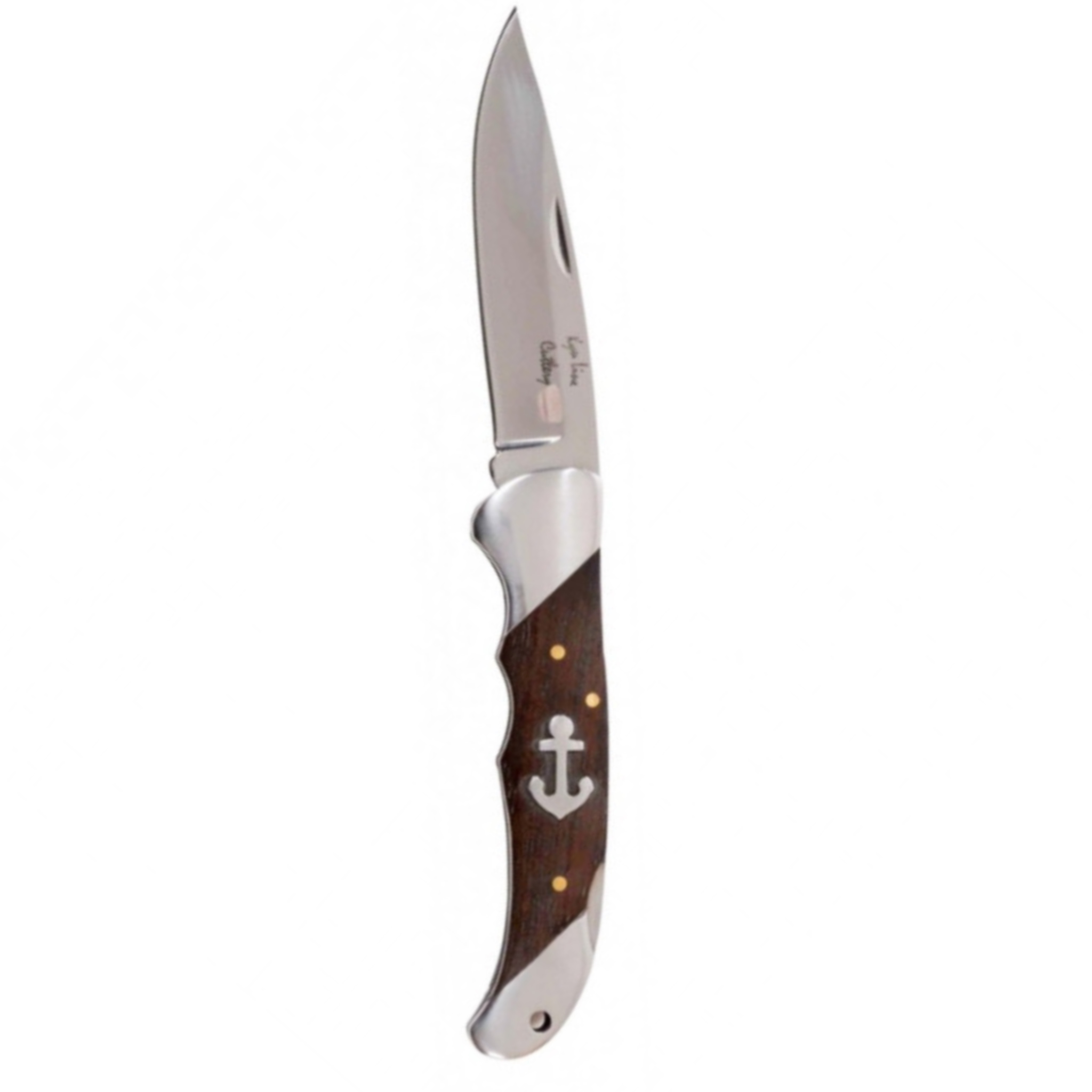 Couteau pliant marin ouvert, lame vers le haut, mitres en métal poli et ancre sur le manche
