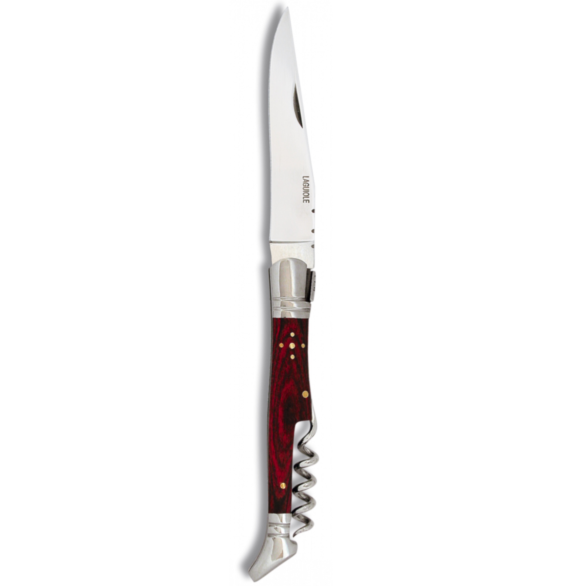 Couteau de forme laguiole ouvert, lame vers le haut, mitres polies et tire-bouchon au dos du manche