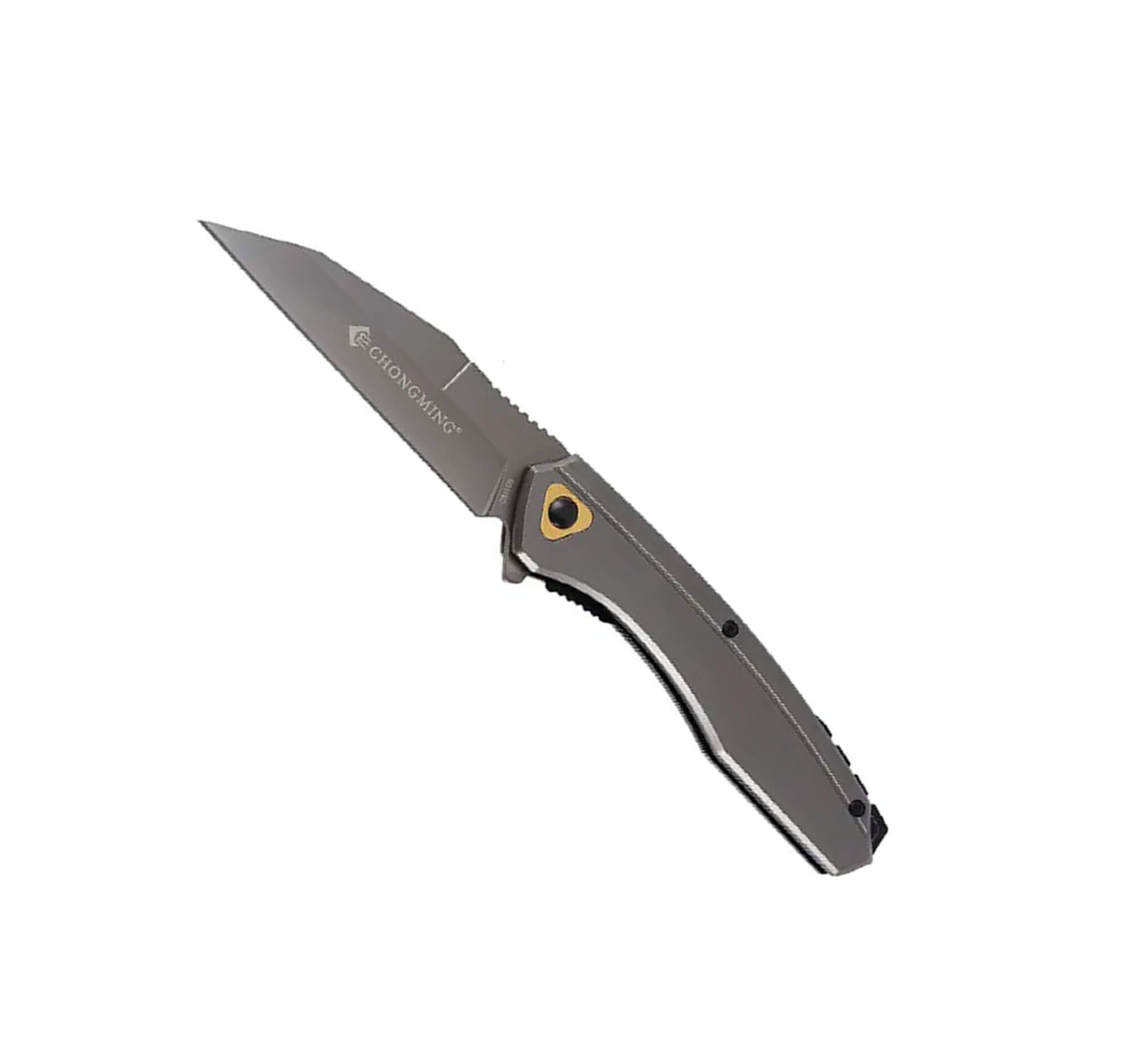 Couteau pliant gris ouvert, lame à tranchant droit marquée Chongming, pivot orné d’une pièce dorée