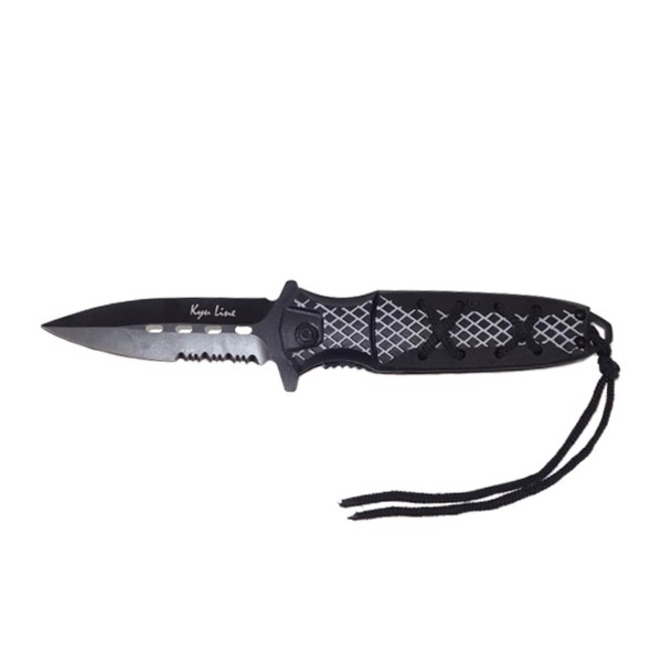 Couteau pliant ouvert, lame noire ajourée et dentelée, manche à carreaux noir et blanc lacé de noir