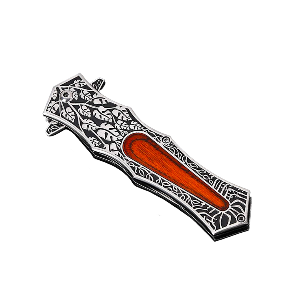 Couteau replié, manche ciselé de feuilles et incrustation de bois rouge orangé