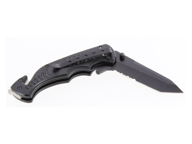 Couteau pliant noir ouvert, lame tanto en partie crantée, clip métallique et encoche coupante au talon