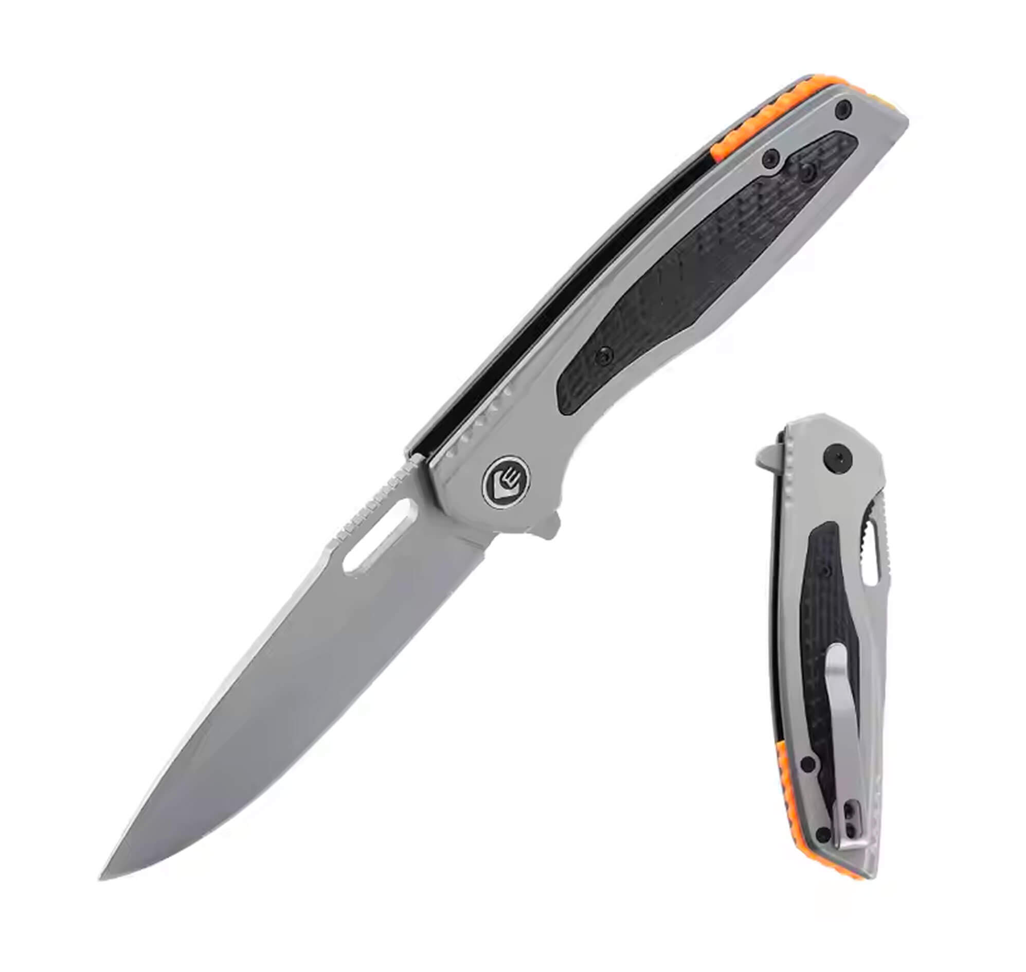 Couteau pliant gris vu ouvert et fermé, entretoise orange au talon et clip de fixation