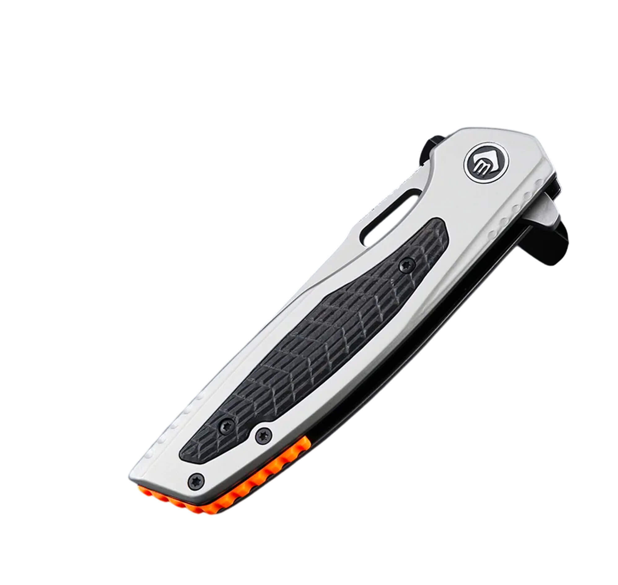 Couteau pliant gris fermé, insert noir quadrillé et entretoise orange