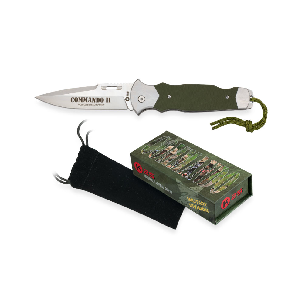 Couteau pliant K25 Commando II à manche G10 vert et dragonne, avec étui en velours noir et boîte K25