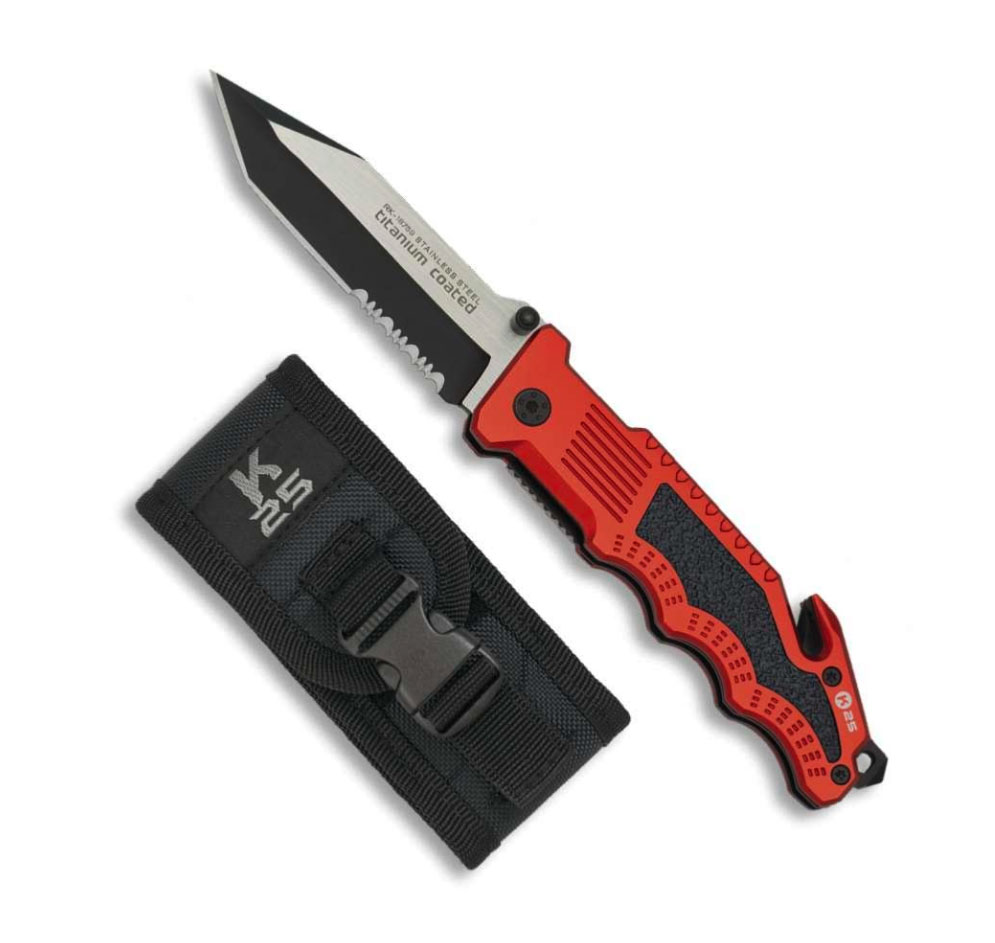 Couteau pliant K25 à manche rouge, lame tanto noire et satinée en partie crantée, avec son étui nylon noir