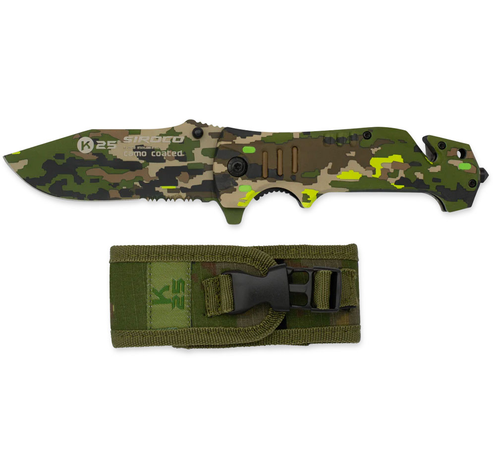 Couteau pliant K25 Siroco à lame et manche camouflage vert, brun et beige, avec son étui nylon vert