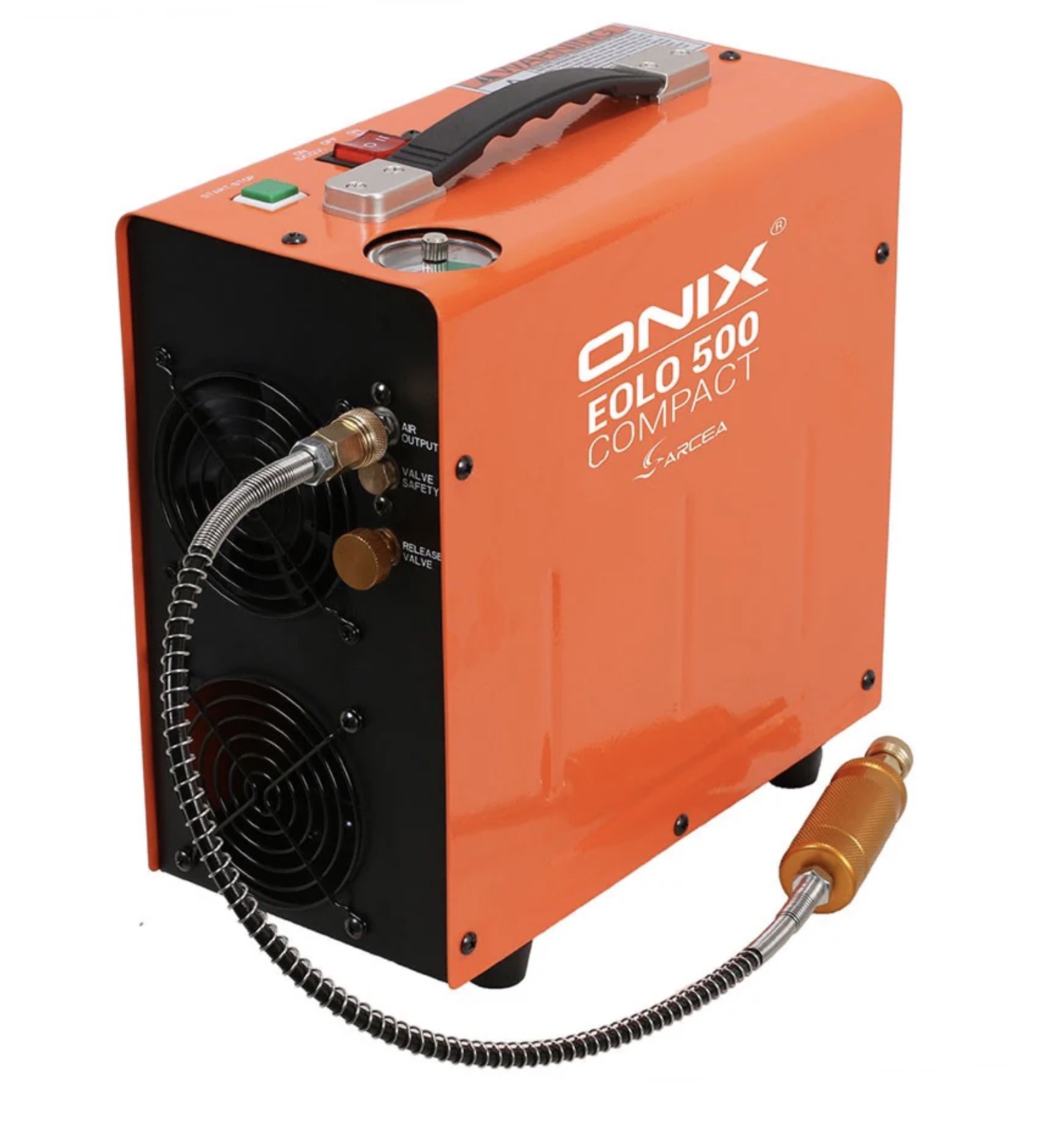 Compresseur Onix Eolo 500 Compact orange avec poignée, deux ventilateurs et flexible tressé