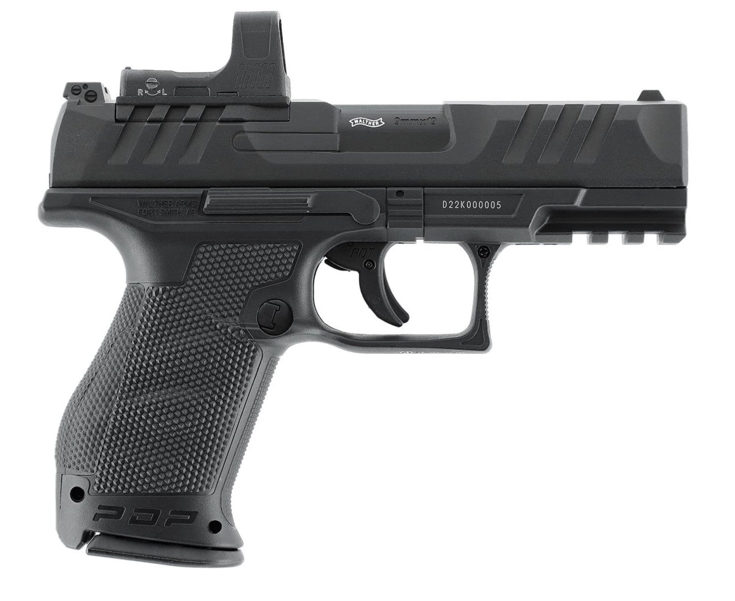 Pistolet Walther PDP Compact vu du côté droit, viseur point rouge monté sur la culasse