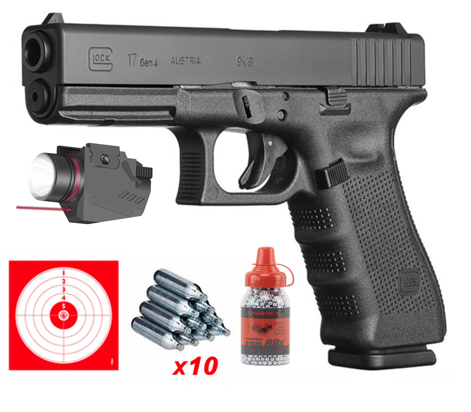 Pistolet Glock 17 Gen 4 avec un module lampe et laser rouge, 10 capsules de CO2, un flacon de billes et une cible