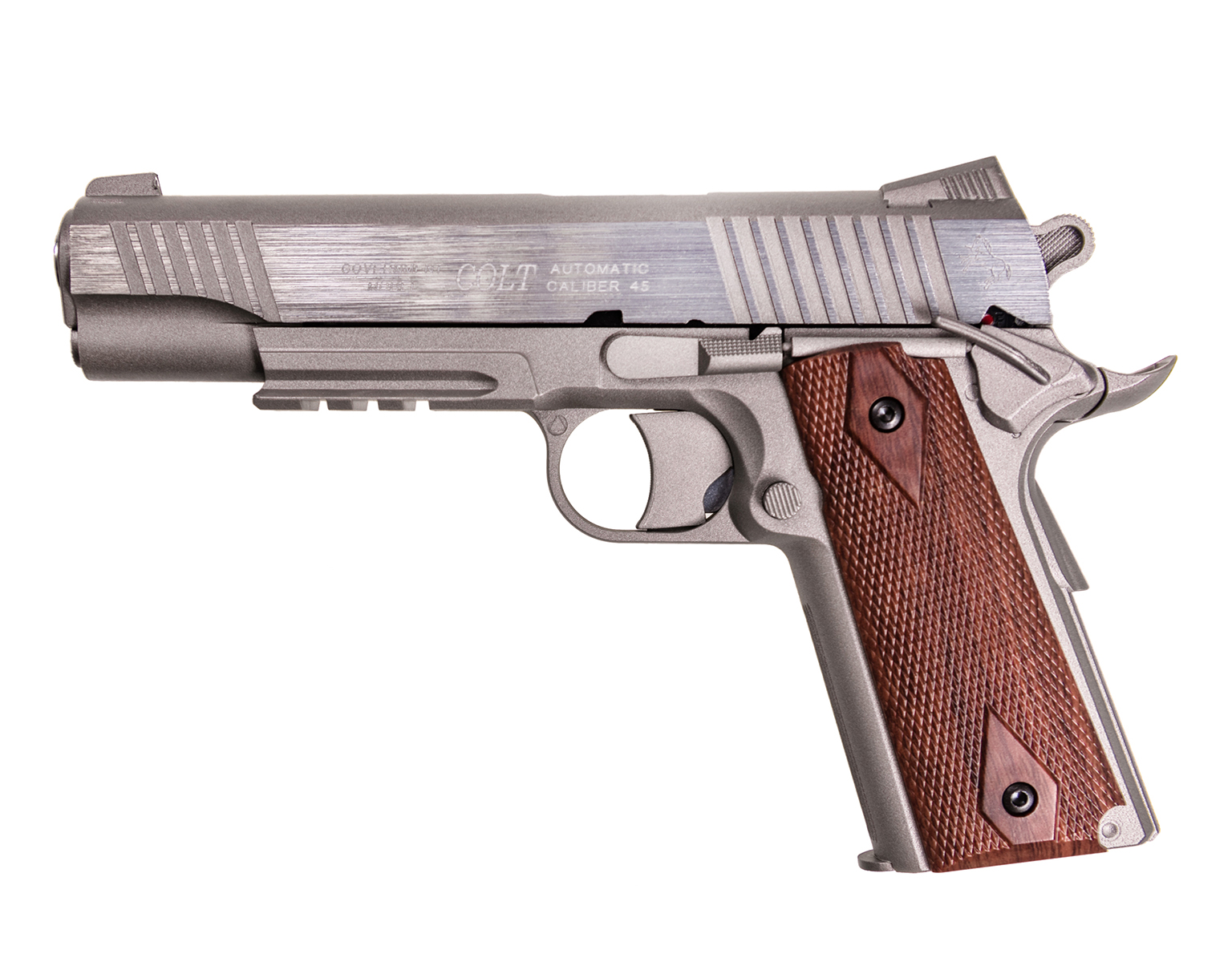 Réplique airsoft Colt Rail Gun Stainless vue du côté gauche, culasse gris acier brossé et plaquettes brunes quadrillées