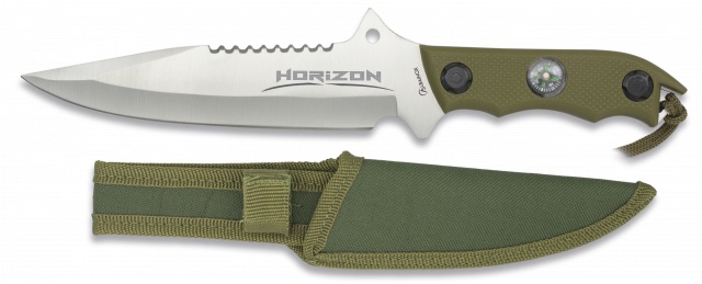 Couteau Albainox Horizon à lame satinée et manche vert avec boussole, posé au-dessus de son étui en tissu vert