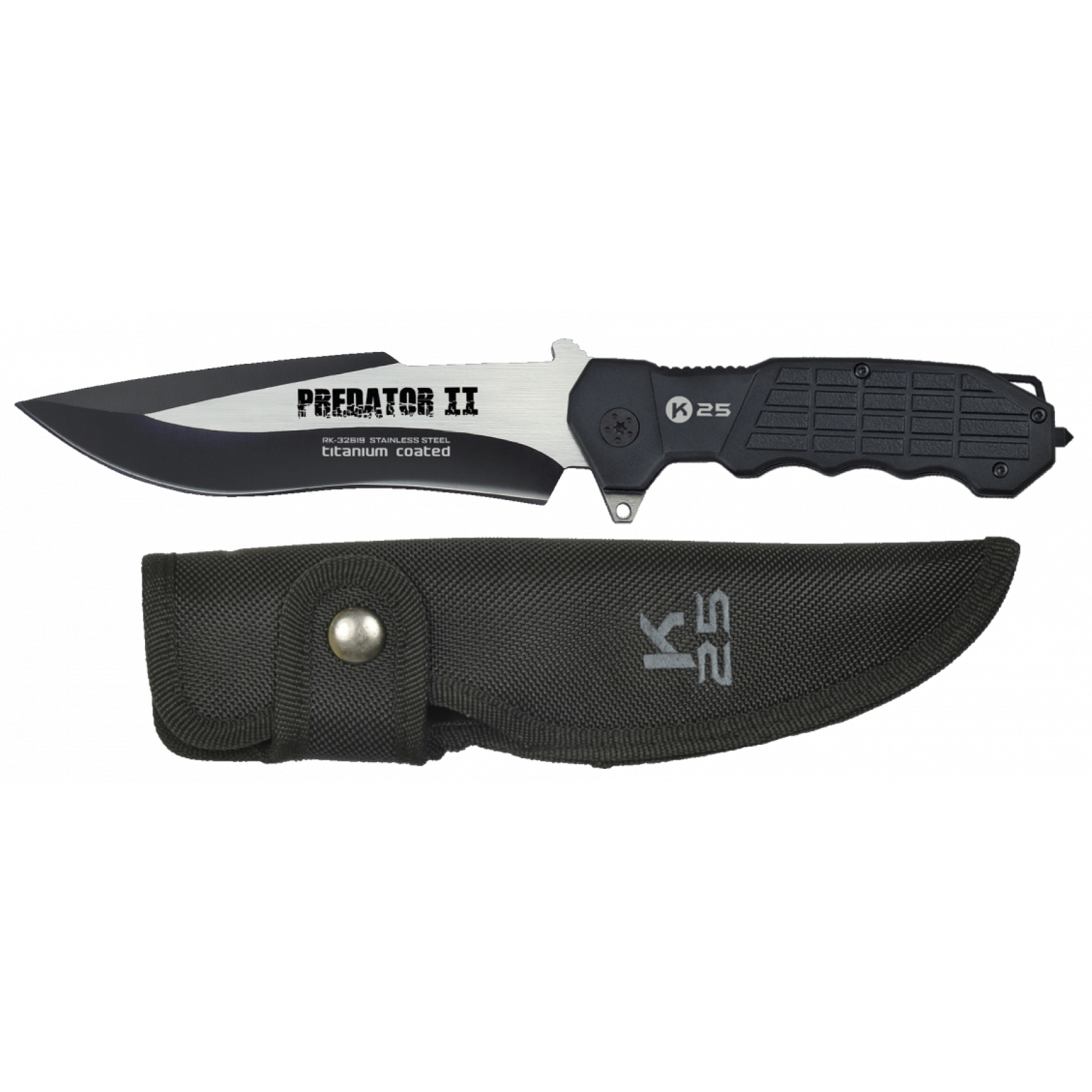 Couteau K25 Predator II à lame fixe bicolore noire et satinée, poignée noire, posé au-dessus de son étui en nylon