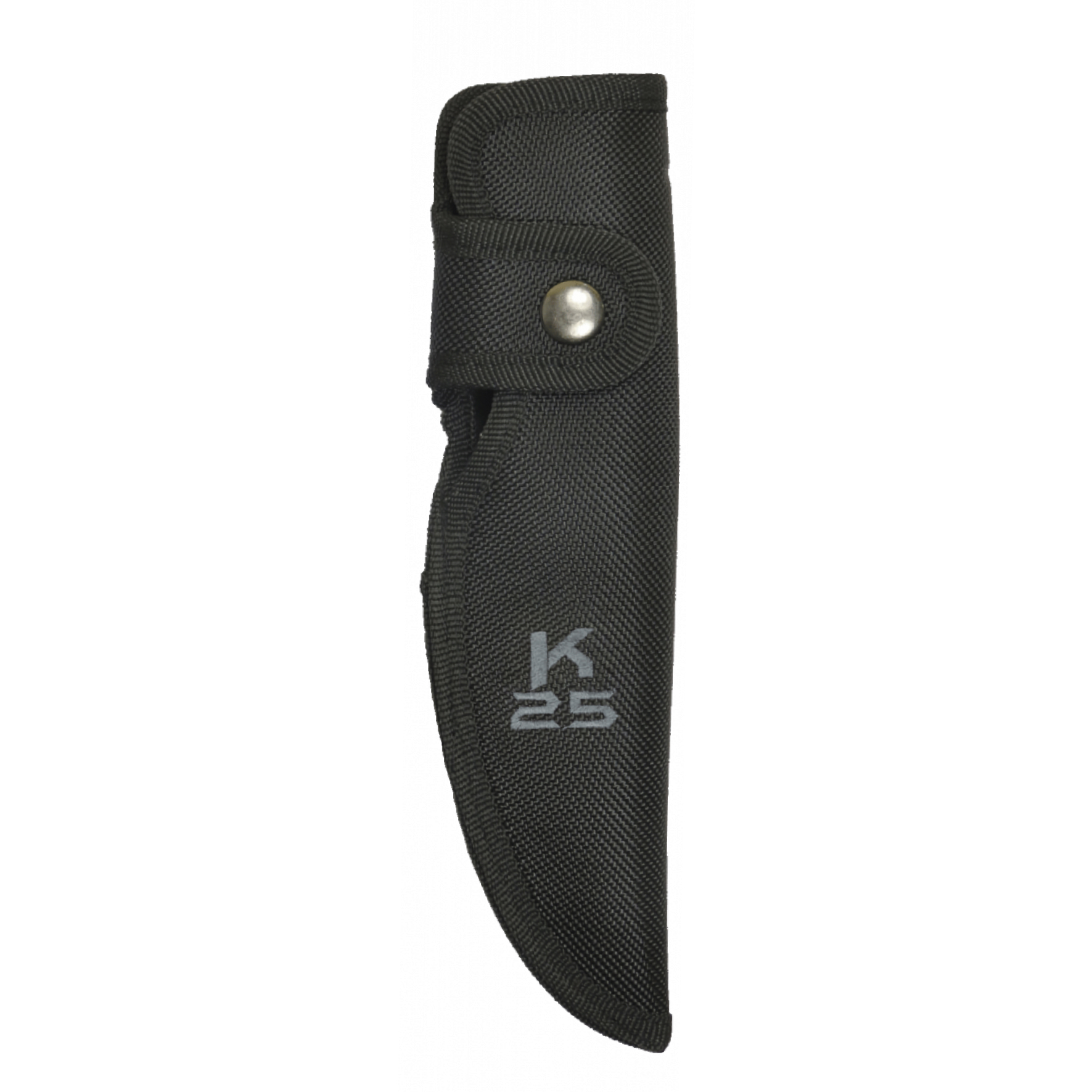 Étui en nylon noir du couteau Predator II, patte à bouton-pression et logo K25