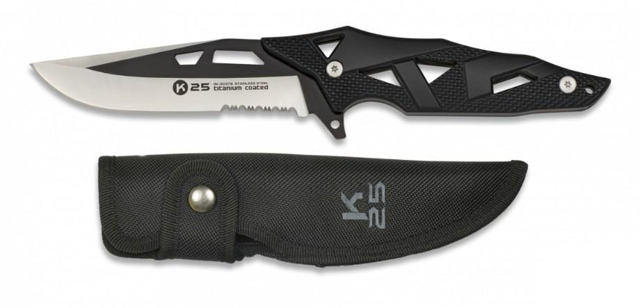 Couteau K25 à lame fixe ajourée noire et argentée, manche noir évidé, présenté avec son étui en nylon noir