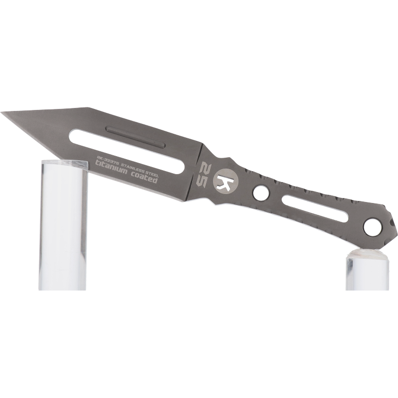 Couteau de lancer K25 vu de profil, face marquée titanium coated, lame et manche ajourés