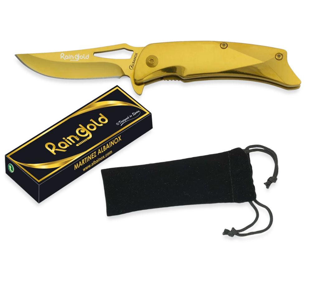 Couteau pliant Rain Gold doré ouvert, avec sa boîte noire et or Martinez Albainox et sa pochette en velours noir