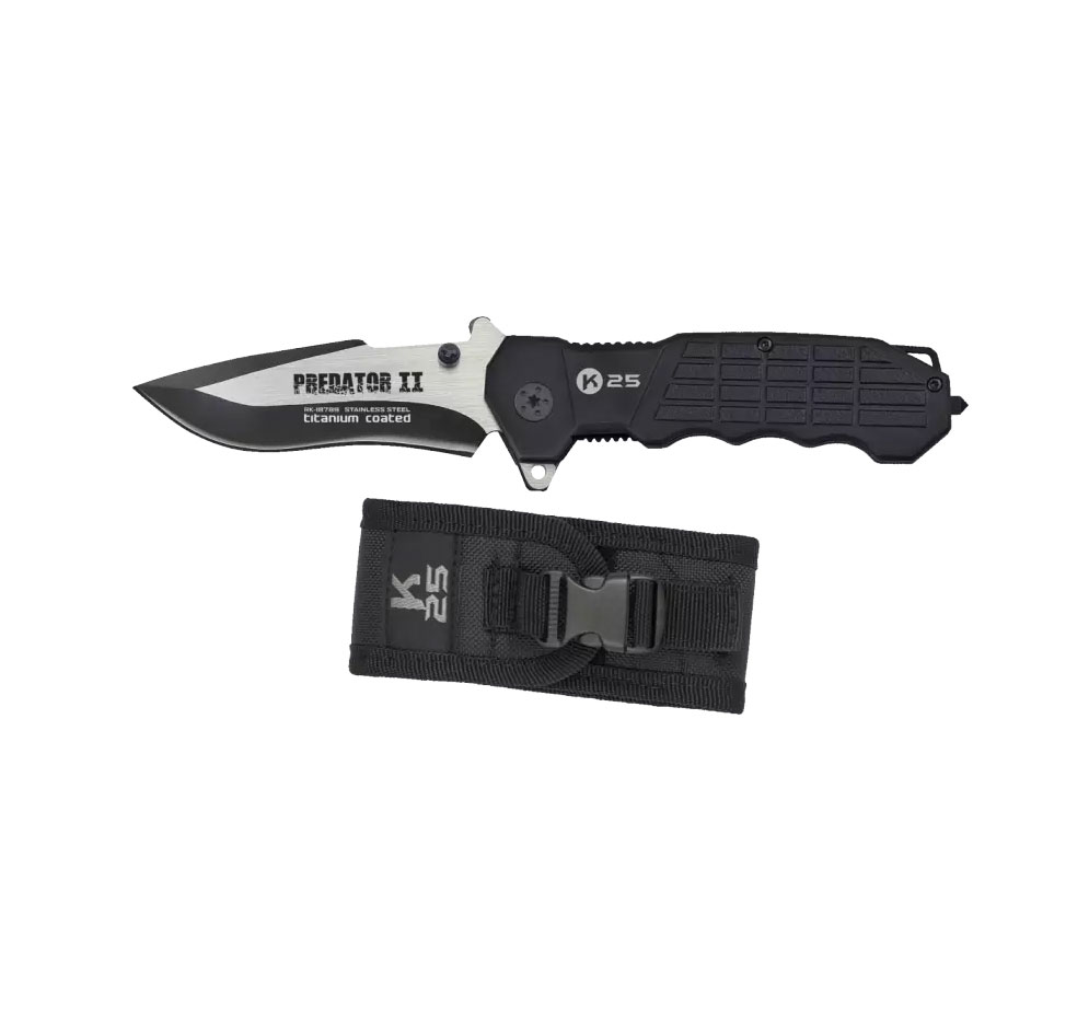 Couteau pliant K25 Predator II ouvert, lame bicolore noire et satinée, manche noir, avec son étui en nylon à boucle