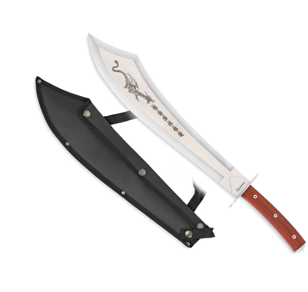 Machette Albainox Dragon à lame courbe polie gravée d’un dragon, manche en bois, posée à côté de son étui nylon noir