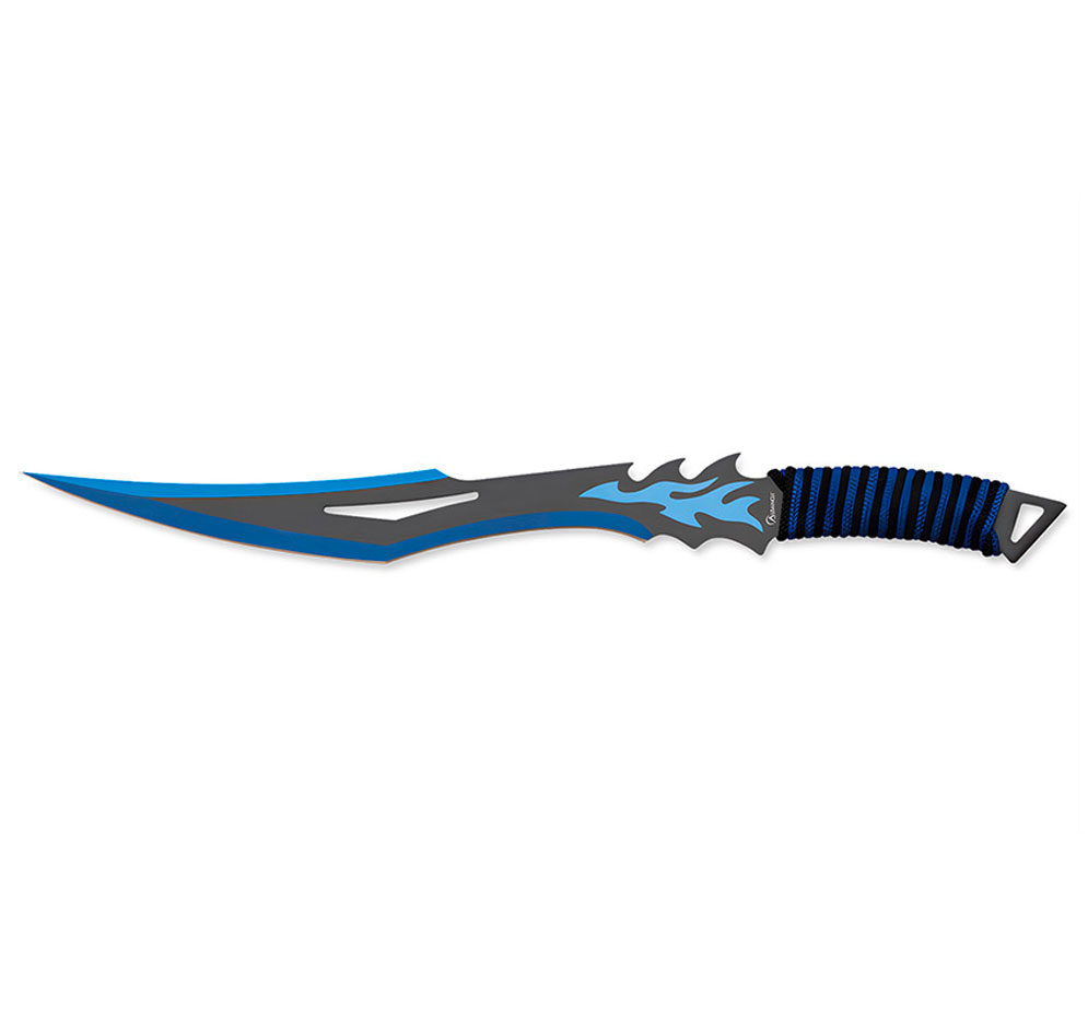 Machette à lame grise et bleue ajourée, décor de flammes bleues près de la garde, manche cordé noir et bleu
