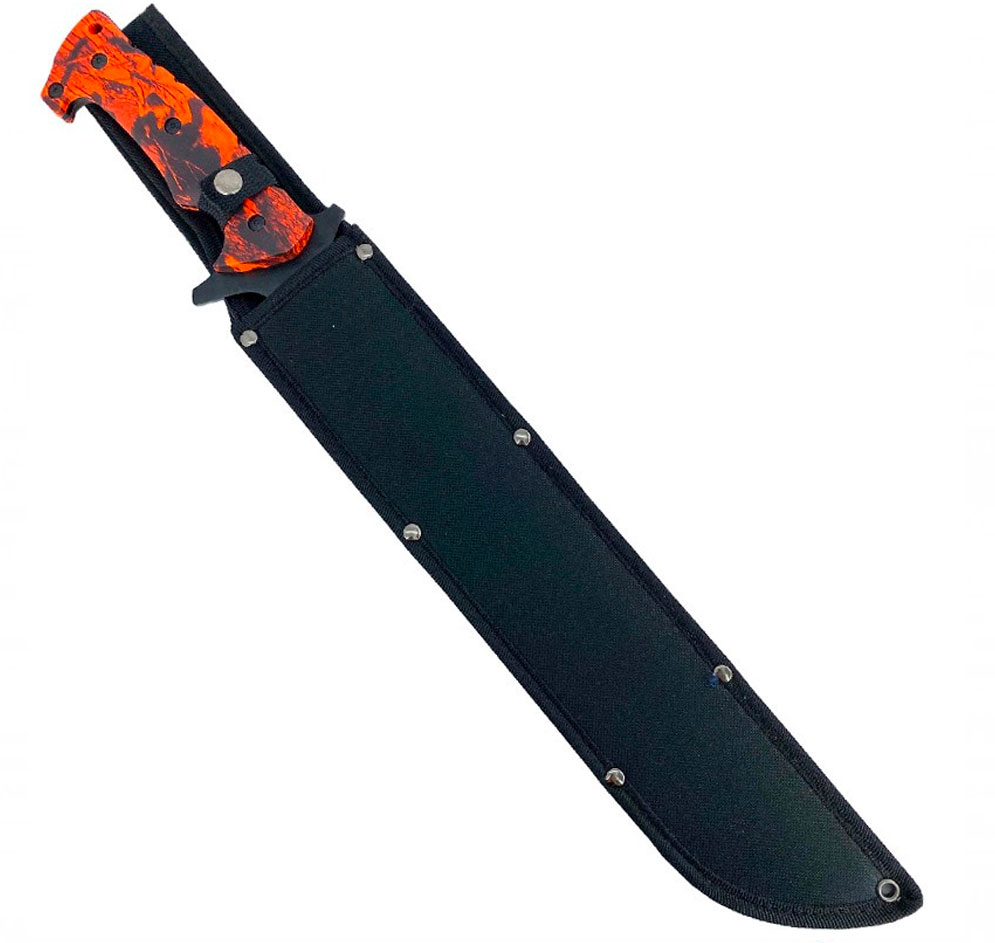 Machette Zombie Killer rangée dans son étui en Cordura noir riveté, manche orange retenu par une patte à pression