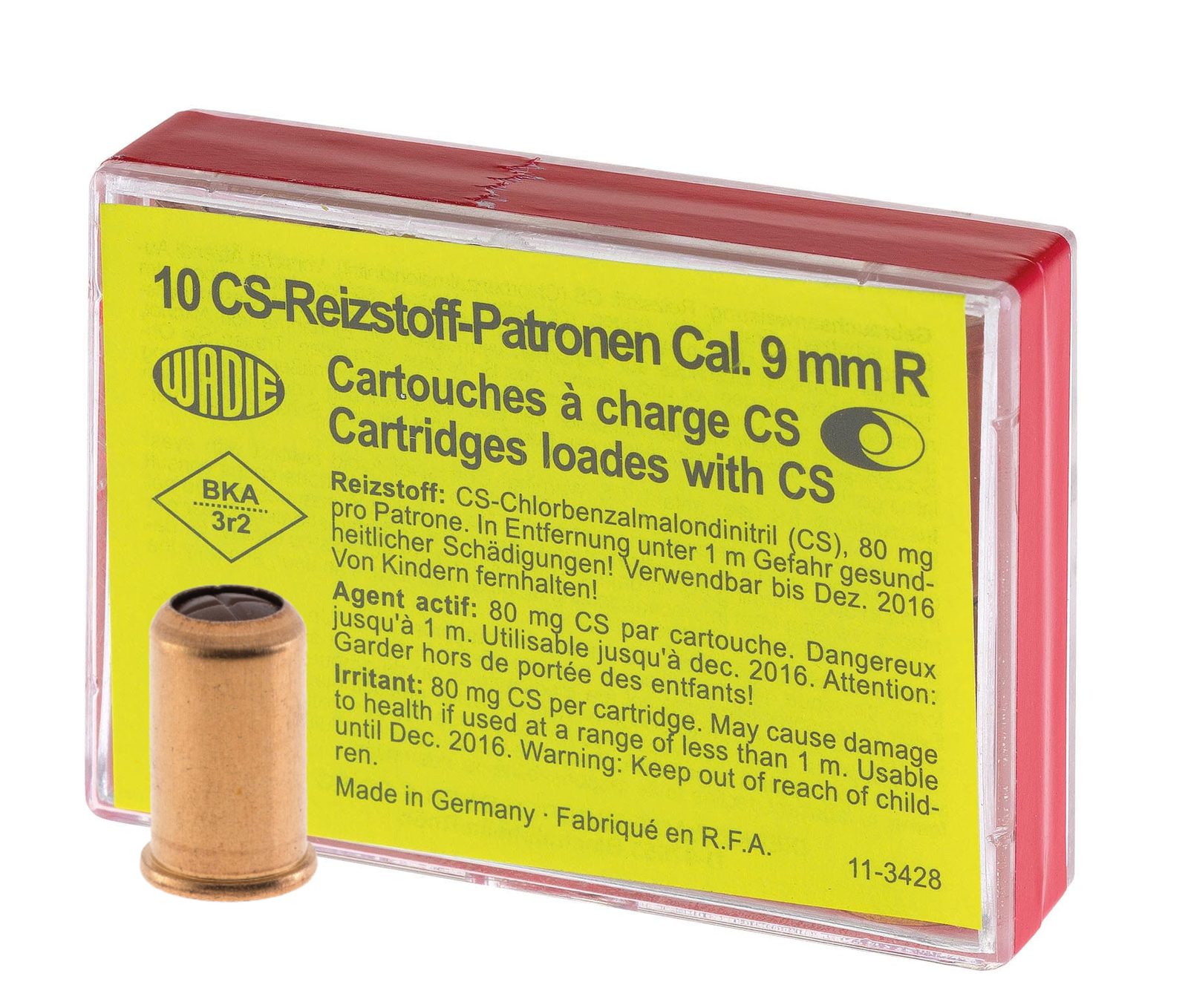 Boîtier Wadie de 10 cartouches à charge CS Cal. 9 mm R, étiquette jaune, et une cartouche cuivrée