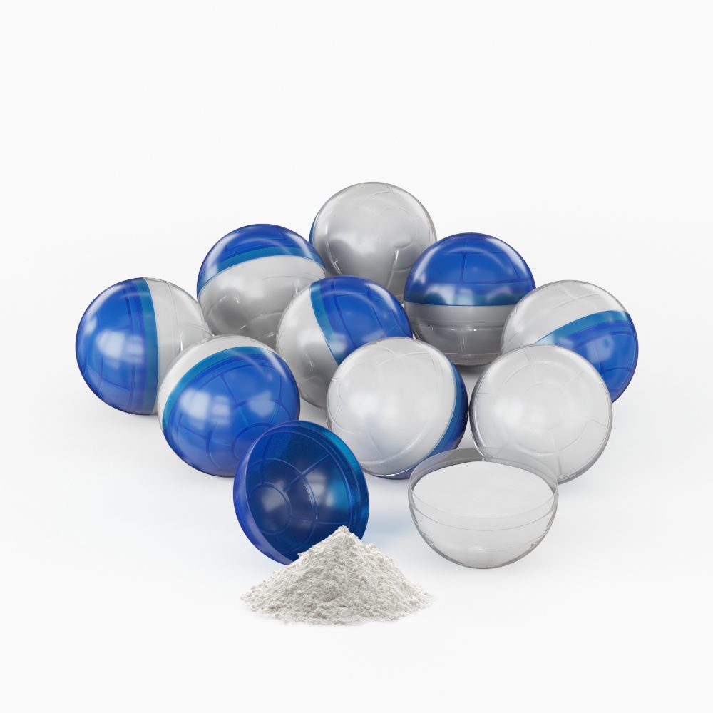 Billes de craie à coque bleue et translucide, l’une ouverte sur un petit tas de poudre blanche